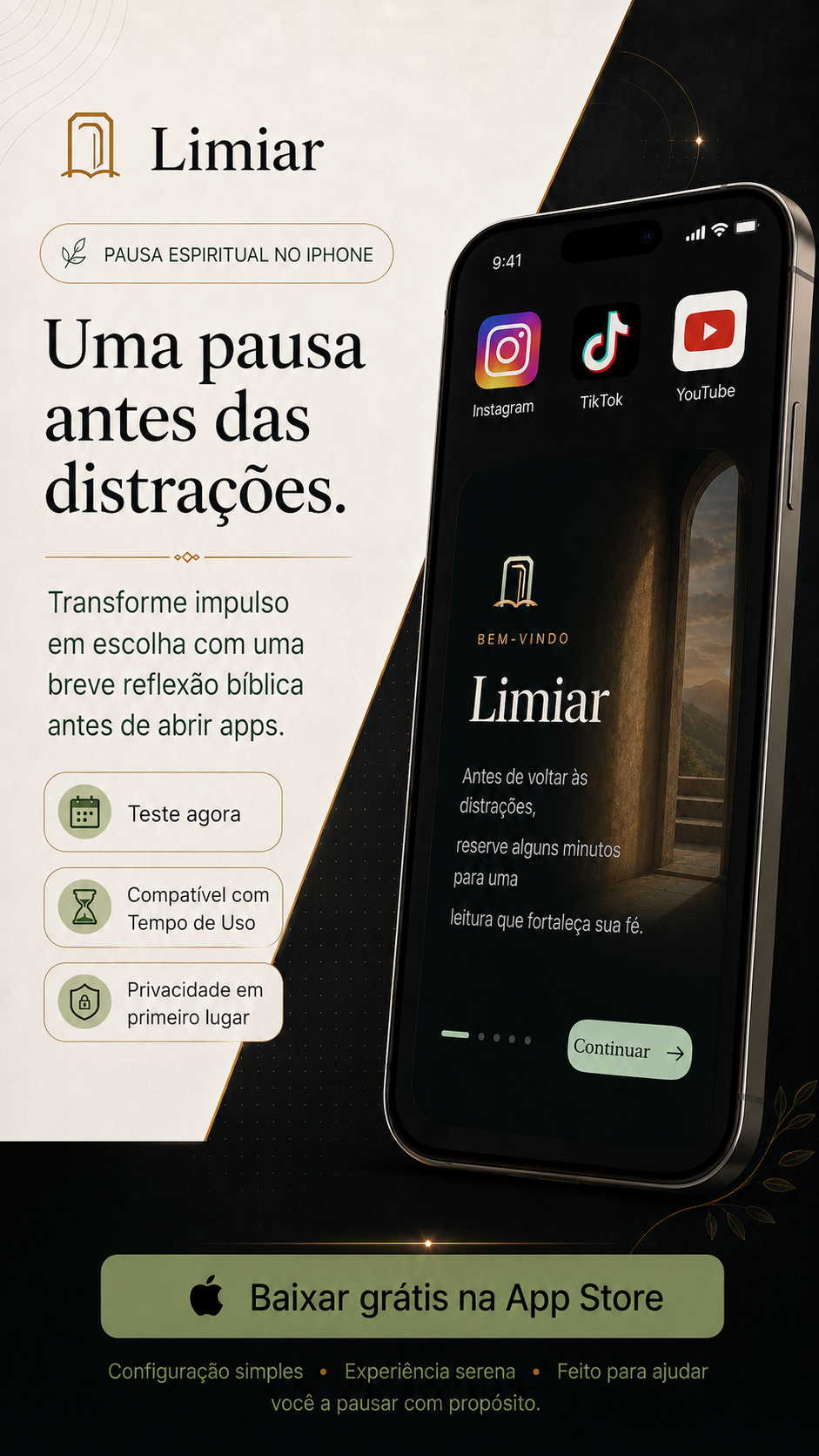 Limiar: uma pausa antes das distrações. Baixar grátis na App Store.